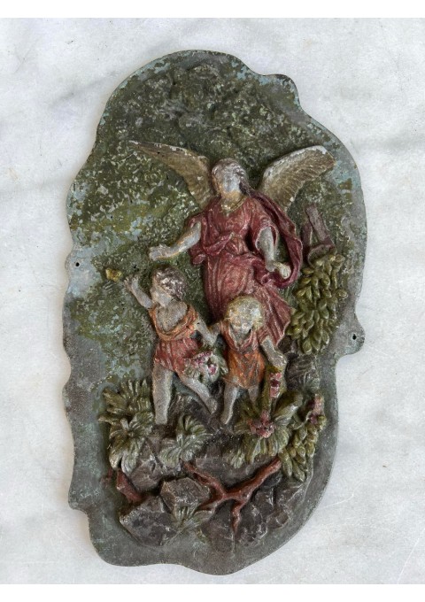 Plaketė religinė, antikvarinė, Metalinė, išlikę tapybos fragmentai. Kaina 53 
