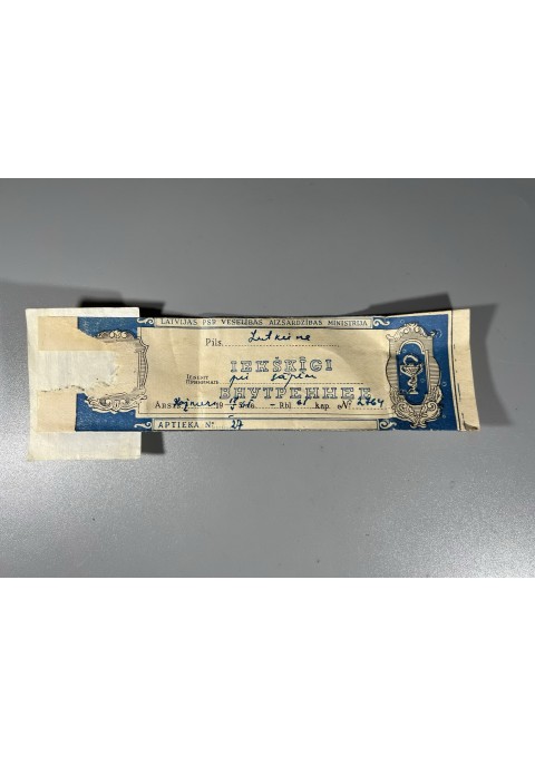 Vaistinės signatūra, vaistų receptas, 1965 m. latviškas išrašytas lietuvei Liutkienei. Kaina 13 