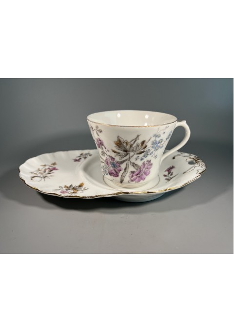 Puodelis su lėkštute užkandžiui, pyragėliams, antikvarinė, prancūziška Bertin Tissier and company, Rue de Rivoli 90 Paris. 1900-1910 m. Talpa 350 ml. Kaina 43