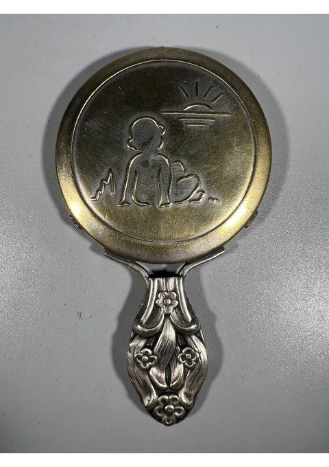 Veidrodėlis antikvarinis, Art Deco stiliaus, rankinis, Vaiko ir saulės motyvais. Kaina 28