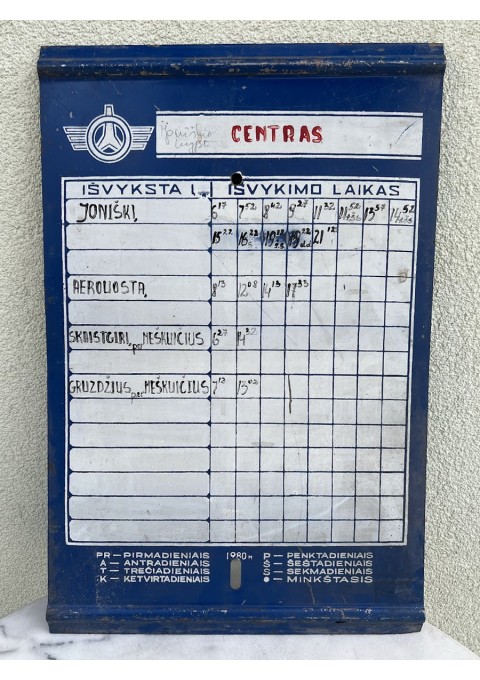 Lentelė, iškaba skardinė Autobusų tvarkaraštis sovietinis, tarybinių laikų. 1980 m. Kaina 78 Lentelė, iškaba skardinė Autobusų tvarkaraštis sovietinis, tarybinių laikų. 1980 m. Kaina 78