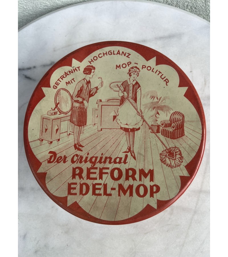 Grindų valymo ir poliravimo šepetys REFORM EDEL-MOP, GETRÄNKT MIT MOP HOCHGLANZ POLITUR originalioje dėžutėje. Vokietija. 1920-1930 m. Kaina 68