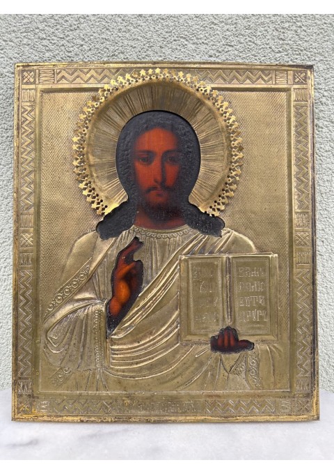 Ikona Kristus Pantokratorius (gr. Pantokrator reiškia Visagalis, Visavaldys), aliejinė tapyba ant medžio, žalvariniu okladu. Originali rusų stačiatikių ikona. XIX a. pb. Kaina 487