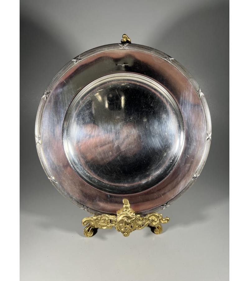 Lėkštė, lėkštutė sidabruota, antikvarinė, N.S. Alpacca. Skersmuo 23 cm. Kaina 22