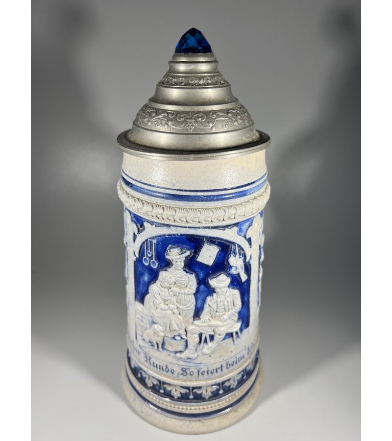 Bokalas keraminis, glazūruotas su alaviniu dangčiu su mėlyna viršūne, antikvarinis. Vokietija. 1 l. Kaina 93