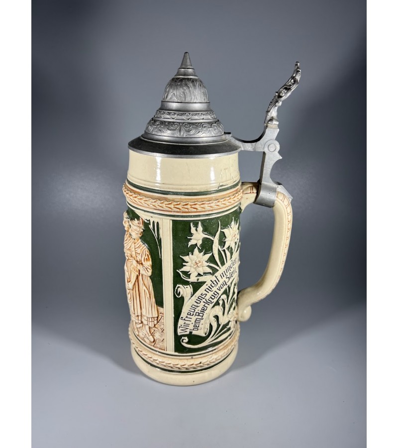 Bokalas keraminis, glazūruotas su alaviniu dangčiu, antikvarinis. Vokietija. 1 l. Kaina 88