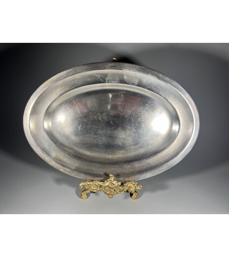 Lėkštė ovali, melchiorinė, sovietinė, tarybinių laikų. Kaina 18