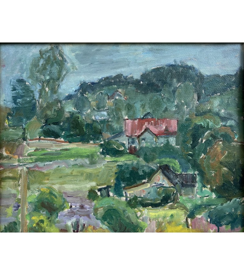 Paveikslas „Sapieginės peizažas su namu raudonu stogu“. Kartonu, aliejus. Autorius Linas Leonas Katinas (1941–2020), Lietuva. 1958 m. Kaina 1385