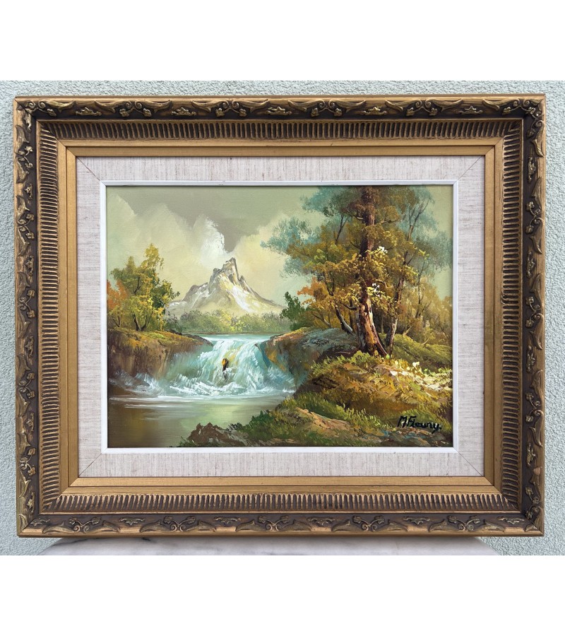 Paveikslas Peizažas su upeliu ir kriokliu. Drobė, aliejus. M. Fleury. Kaina 168