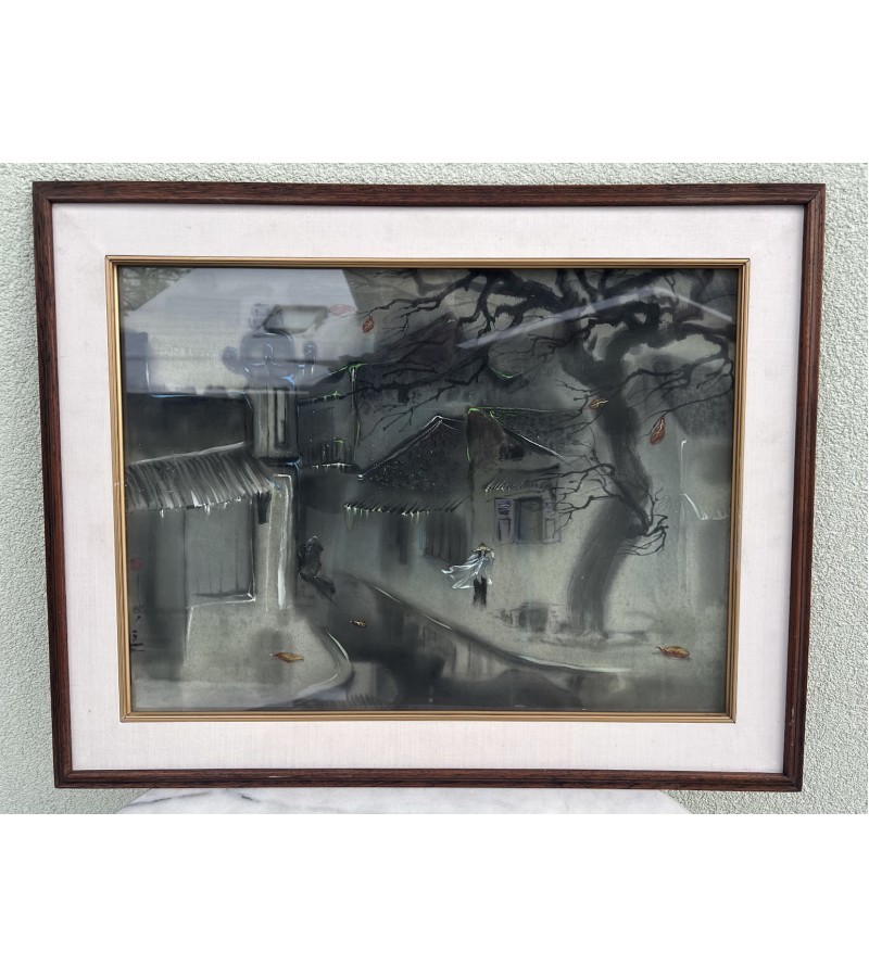 Paveikslas Urbanistinis peizažas. Šilko tapyba. Akvarelė su guašu ant šilko. Kinija. Kaina 86