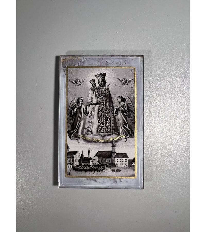 Religinis atvaizdas, abrozdas antikvarinis Dievo Motina stikliniame rėmelyje. Kaina 12