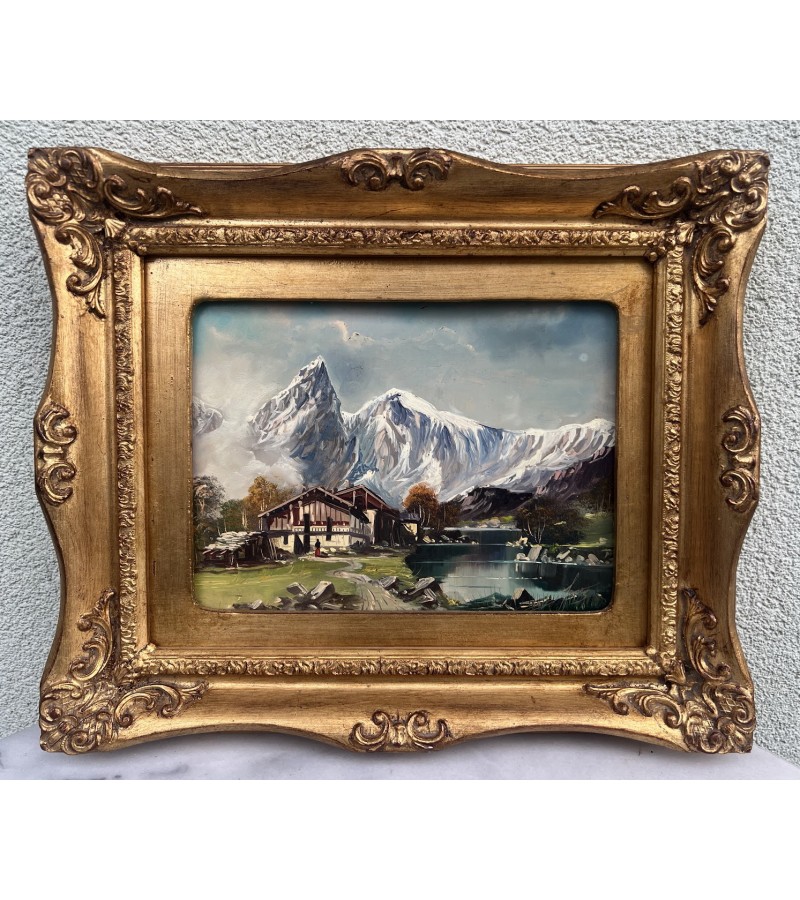 Paveikslas Alpių peizažas. Kartonas, aliejus. Kaina 78