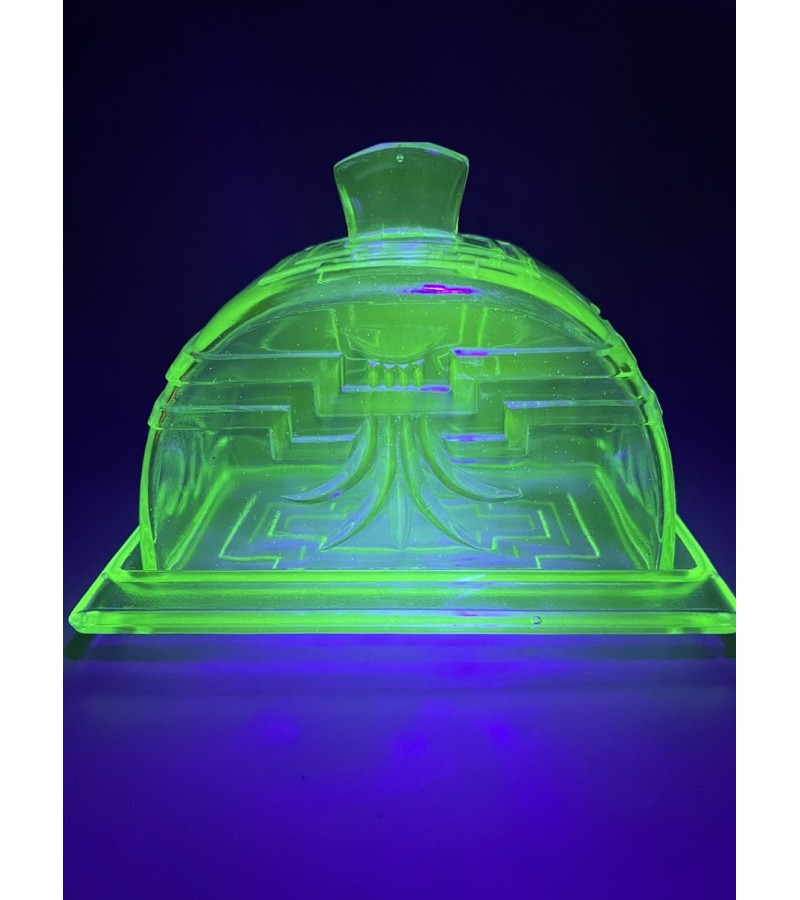 Indas sūriui, sviestui antikvarinis, Art Deco stiliaus, urano stiklo, tarpukario laikų. Kaina 138