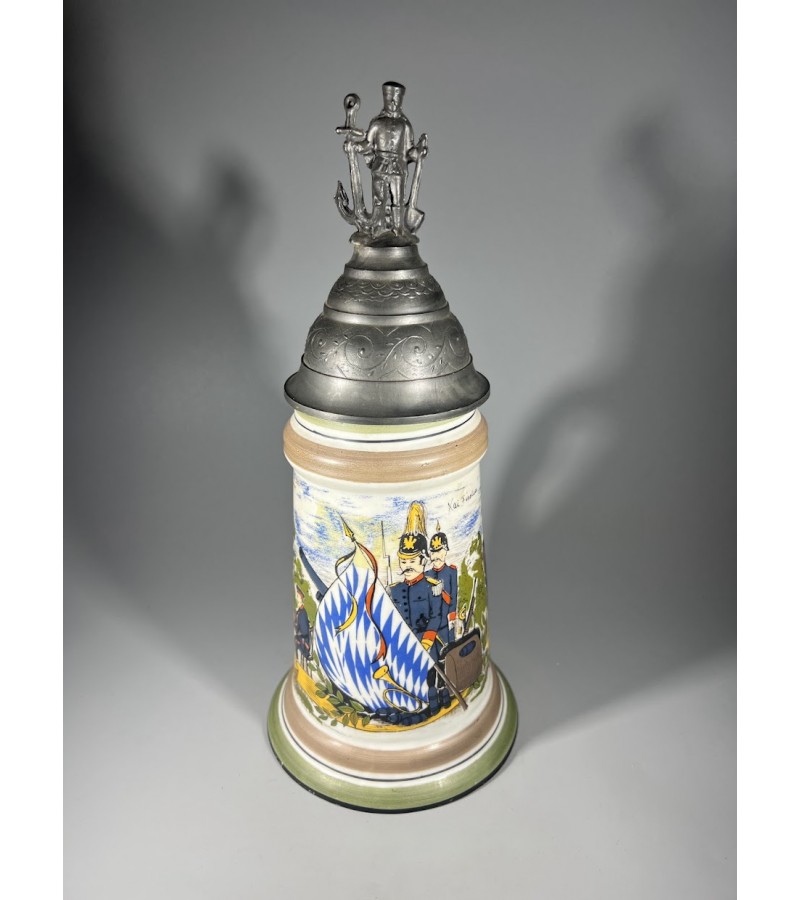 Bokalas porcelianinis vokiečių jūreivių rezervistų I PK tema, antikvarinio stiliaus, kariškas, vokiškas, dugne matosi litofanija. 1950 m. Kaina 208