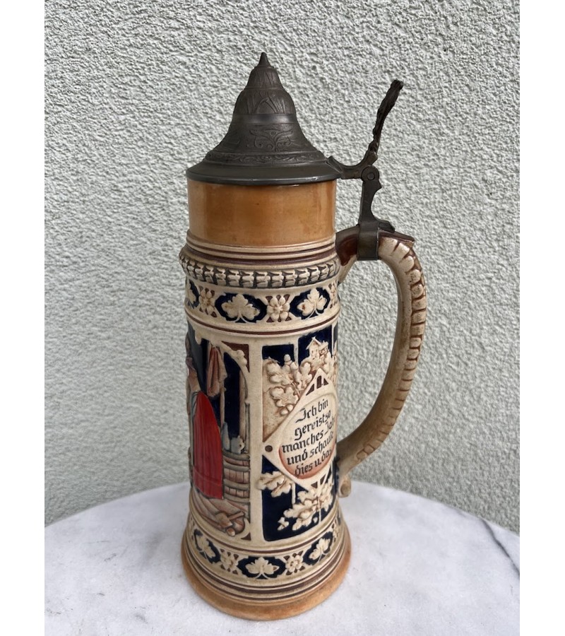 Bokalas keraminis, glazūruotas su alaviniu dangčiu, antikvarinis, vokiškas, 1,5 l., Westerwaldo regionas, 1900- 1930 m. Kaina 126