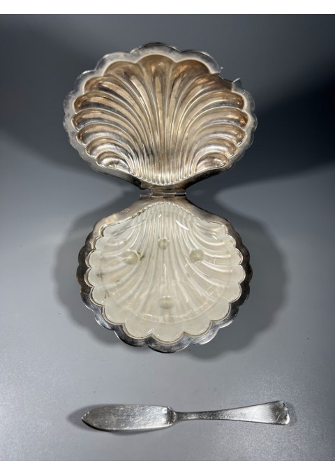 Indas kriauklės formos, sidabruotas, ikrų, sviesto serviravimui, sidabruotas, antikvarinis, Art Deco stiliaus, prancūziškas. Kaina 38