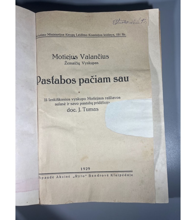 Knyga Pastabos pačiam sau. Motiejus Valančius. 1929 m. Kaina 13