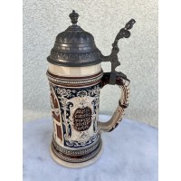 Bokalas keraminis, glazūruotas su alaviniu dangčiu, antikvarinis. Vokietija. 0,5 l. Kaina 88