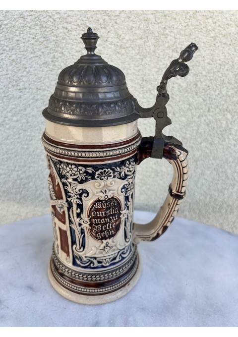 Bokalas keraminis, glazūruotas su alaviniu dangčiu, antikvarinis. Vokietija. 0,5 l. Kaina 88
