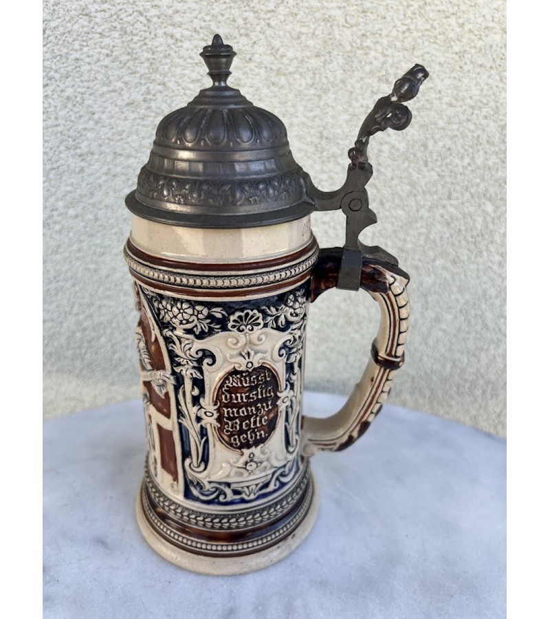 Bokalas keraminis, glazūruotas su alaviniu dangčiu, antikvarinis. Vokietija. 0,5 l. Kaina 88