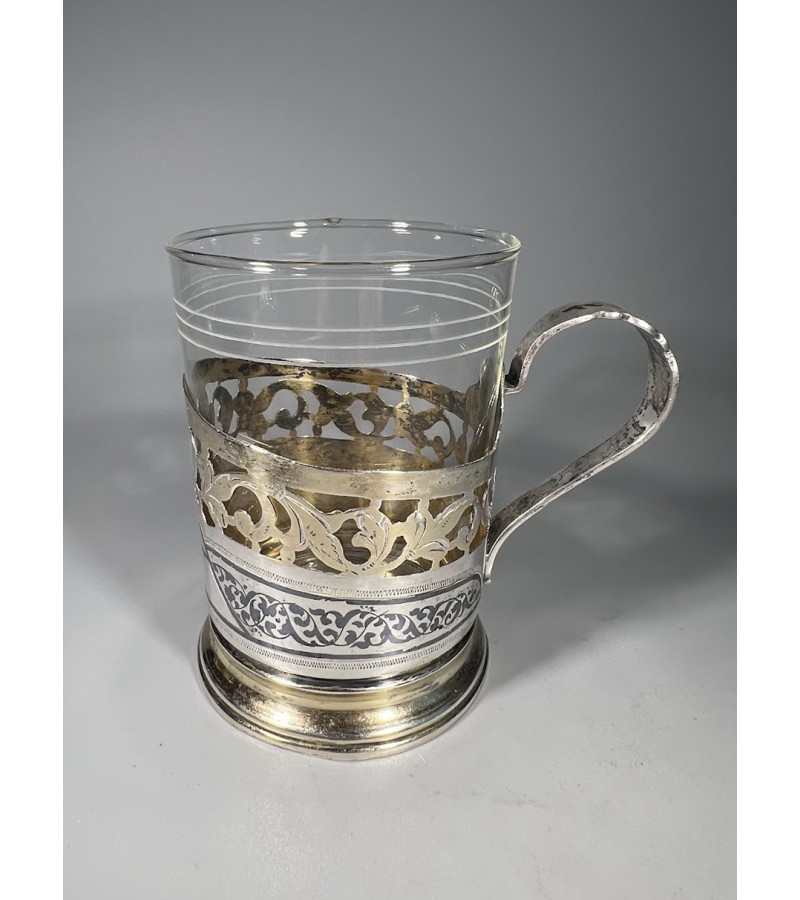 Podstakanikas, stiklinių laikiklis sidabrinis, antikvarinis Dagestan, Кубачи (Podstakannik, Tea glass holder). Praba 875. Svoris 83 g. 1955 m. Kaina 178