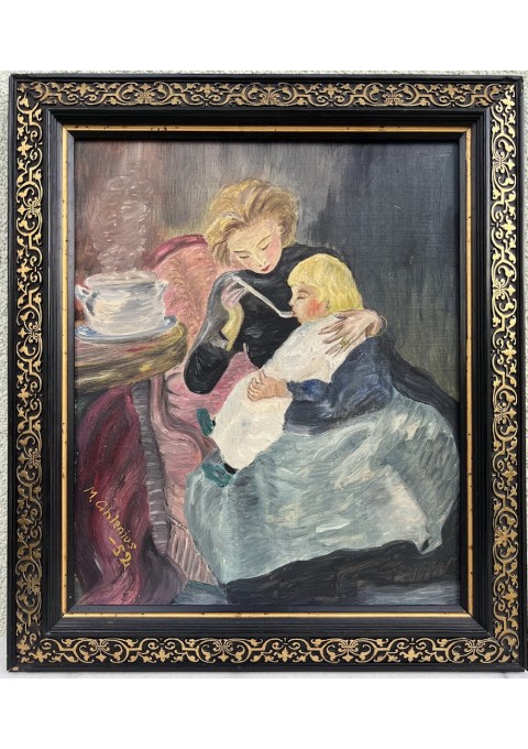 Paveikslas Motina maitina vaiką. Aliejinė tapyba. Kartonas, aliejus. Kaina 43