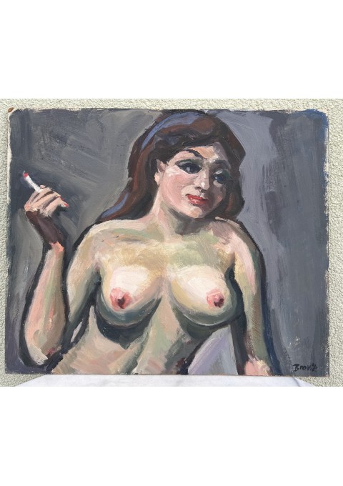 Paveikslas Nuoga moteris su cigarete. Kartonas, akrilas, tempera. Åke Brovik (Sweden, 1911-1988). Kaina 52