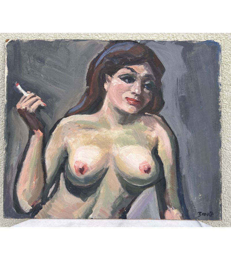 Paveikslas Nuoga moteris su cigarete. Kartonas, akrilas, tempera. Åke Brovik (Sweden, 1911-1988). Kaina 52