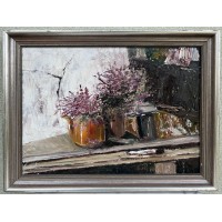 Paveikslas Natiurmortas su gėlėmis. Impasto technika. Kartonas, aliejus, tempera, akrilas. Kaina 53
