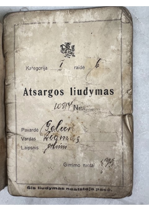 Dokumentas karinis Atsargos liudymas, liudijimas lietuviškas, 1928 m. Kaina 58