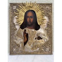 Ikona Jėzus Kristus Viešpats Visagalis, antikvarinė, aliejinė tapyba ant medžio, žalvariniu okladu. Originali rusų stačiatikių ikona. XIX a. pb. Kaina 488