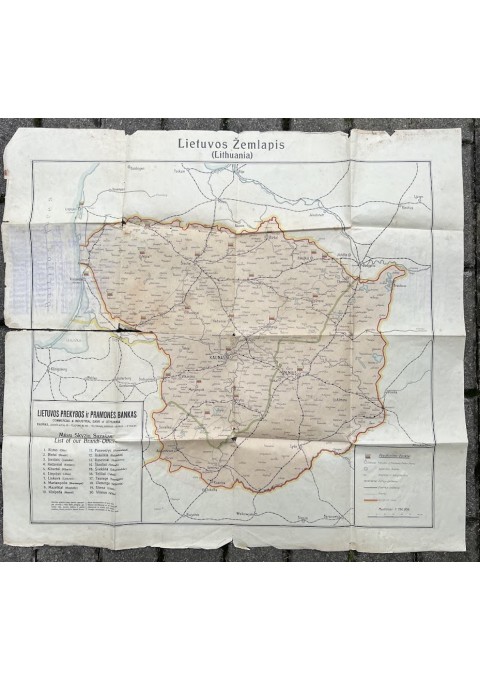 Žemėlapis Lietuva (Lithuania) su pažymėtais miestais, kuriuose įsikūrę Prekybos ir pramonės banko skyriai. Kaunas, 1922 m. Originalas. Kaina 168