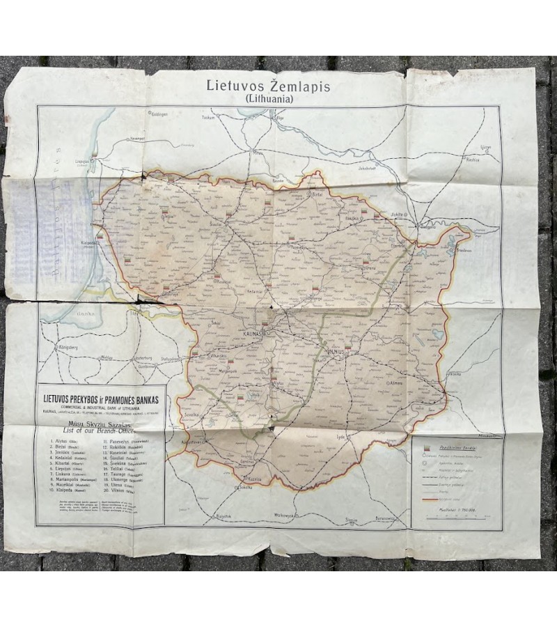 Žemėlapis Lietuva (Lithuania) su pažymėtais miestais, kuriuose įsikūrę Prekybos ir pramonės banko skyriai. Kaunas, 1922 m. Originalas. Kaina 168