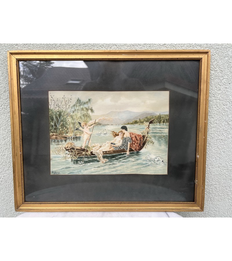 Paveikslas Romantiškas pasiplaukiojimas gondola, akvarelė, popierius. M. Severin, 1918 m. Kaina 38