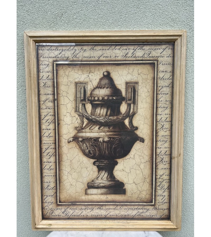 Paveikslas, printas Vaza su dekoratyviniais elementais neoklasicistinio stiliaus, mediniame rėme su stiklu. Rėmo dydis: 68 x 88 cm. Kaina 43