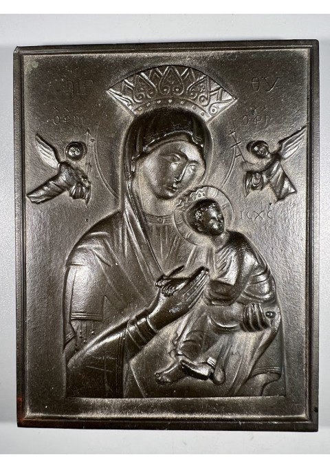 Ikona antikvarinė, metalinė Marija Dievo motina, kūdikis Jėzus ir angelai. Kaina 93