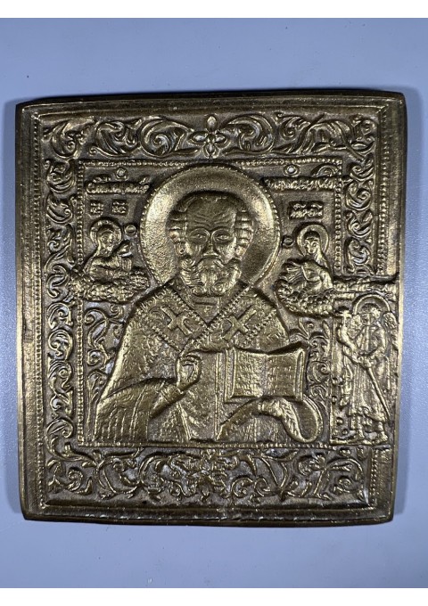 Ikona, plaketė Nikolajus Stebukladarys, antikvarinė, stačiatikių, krikščionių ortodoksų, pravoslavų bronzinė. Kaina 138