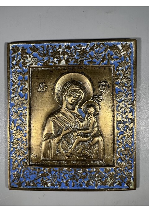 Ikona, plaketė Kazanės Dievo Motina antikvarinė, stačiatikių, krikščionių ortodoksų, pravoslavų, puošta mėlyna emale. Kaina 193