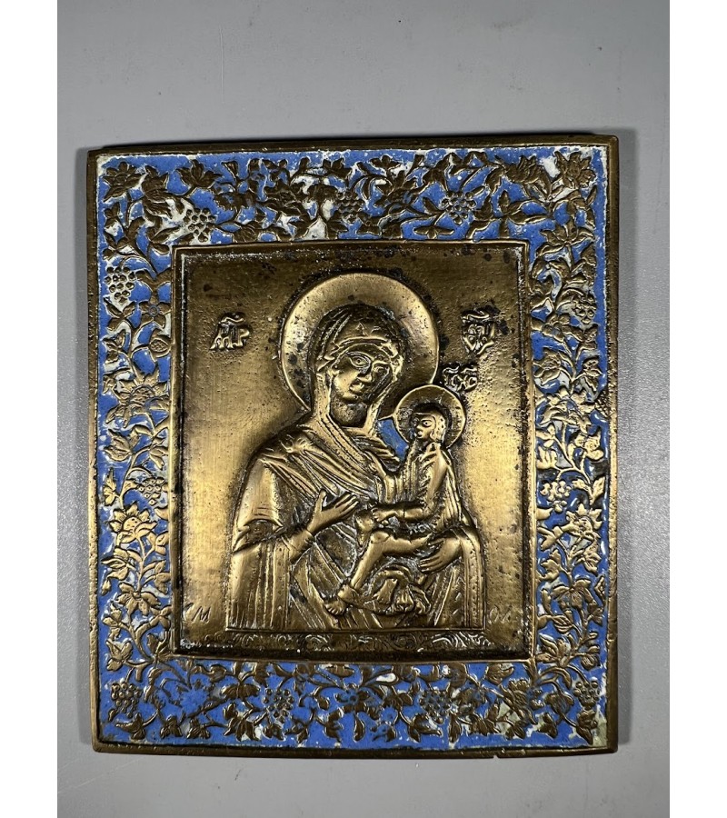 Ikona, plaketė Kazanės Dievo Motina antikvarinė, stačiatikių, krikščionių ortodoksų, pravoslavų, puošta mėlyna emale. Kaina 193 Ikona, plaketė Kazanės Dievo Motina antikvarinė, stačiatikių, krikščionių ortodoksų, pravoslavų, puošta mėlyna emale. Kaina 193