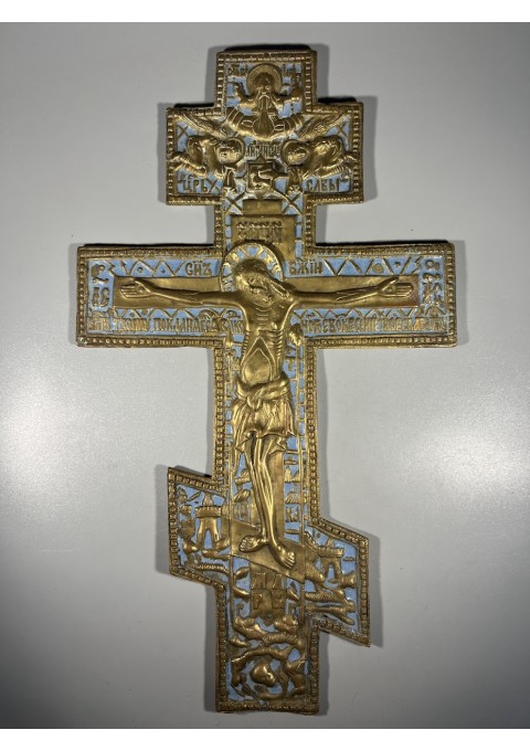 Kryžius stačiatikių, krikščionių ortodoksų, pravoslavų bronzinis, antikvarinis, didelis, puoštas emale. Kaina 313