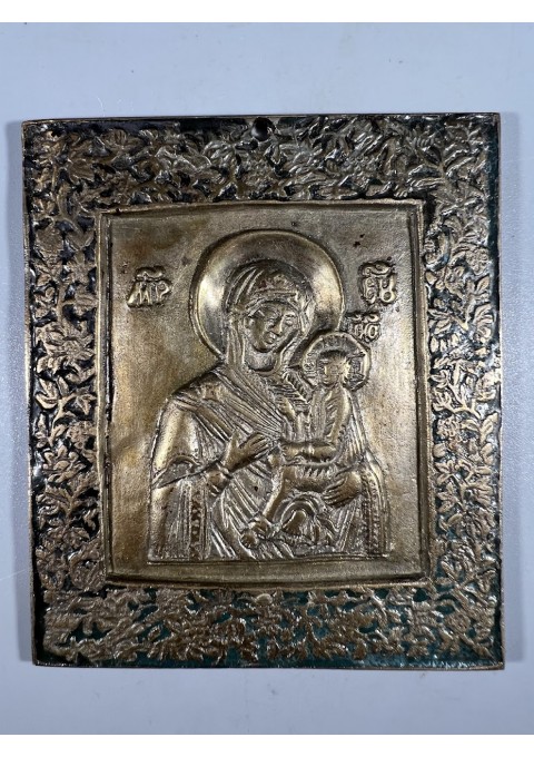 Ikona, plaketė Tichvino Dievo Motina, antikvarinė, stačiatikių, krikščionių ortodoksų, pravoslavų bronzinė. Kaina 128