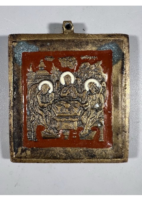 Ikona, plaketė Šventoji Trejybė, antikvarinė, stačiatikių, krikščionių ortodoksų, pravoslavų puošta 2 spalvų emale, nedidelė. Kaina 83 Ikona, plaketė Šventoji Trejybė, antikvarinė, stačiatikių, krikščionių ortodoksų, pravoslavų puošta 2 spalvų emale, nedidelė. Kaina 83