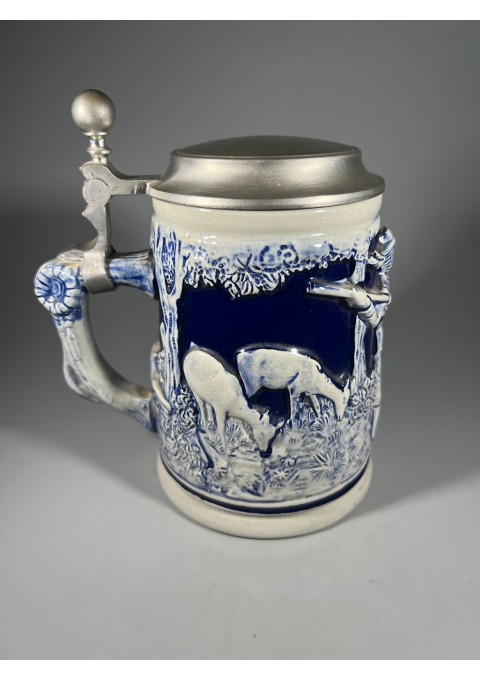 Bokalas keraminis, glazūruotas su alaviniu dangčiu, vintažinis. Vokietija. Germany Stein Stoneware Cobalt Blue Pewter Lid Beer Vintage. Kaina 38
