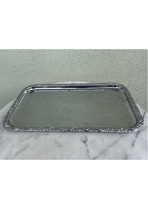 Padėklas serviravimo keturkampis puoštas gėlėmis, chromuotas, S. J. Chrome, Made in Sweden. Kaina 38