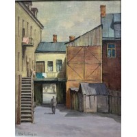 Paveikslas Senamiesčio kiemas. Kaunas. 1974 m. Drobė, aliejus. Dailininkas Pranas Narkevičius. Kaina 187