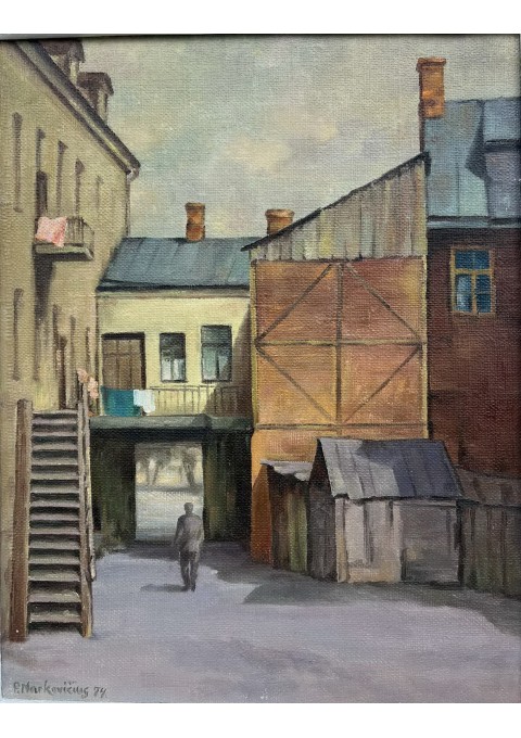 Paveikslas Senamiesčio kiemas. Kaunas. 1974 m. Drobė, aliejus. Dailininkas Pranas Narkevičius. Kaina 187