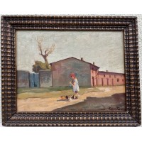 Paveikslas Mergina lesina vištas. Aliejus, fanera. Kaina 68