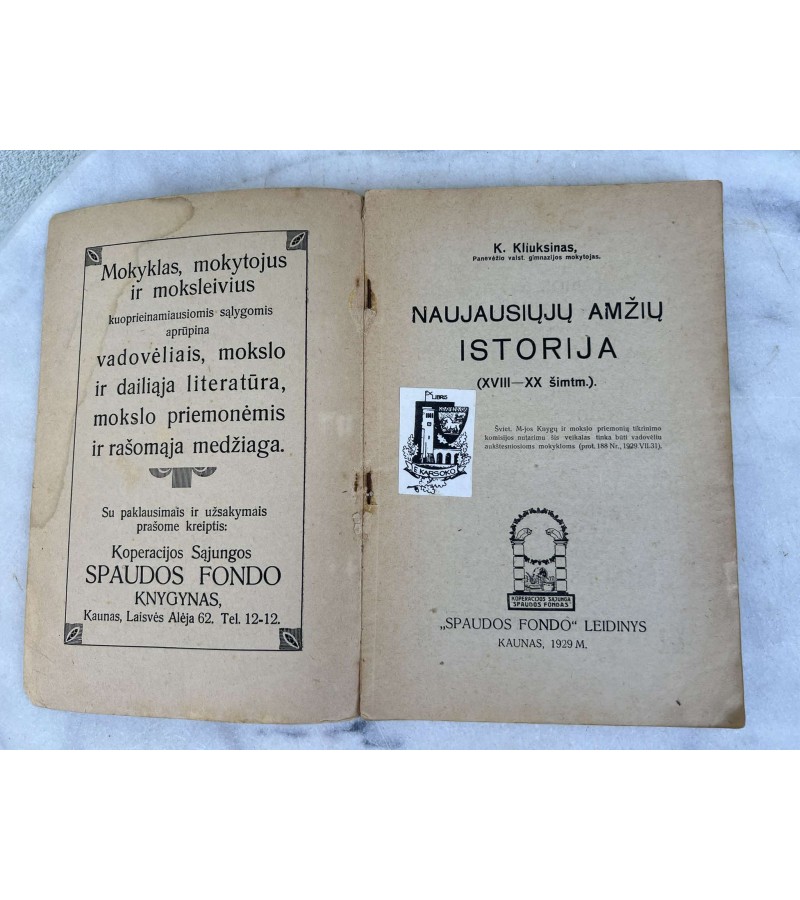 Knyga Naujausiųjų amžių istorija (XVIII-XXa.). 1929 m. Kaina 13