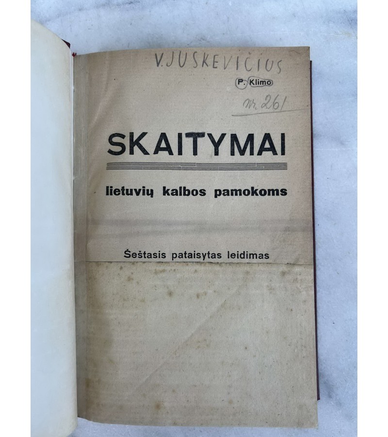 Knyga Skaitymai lietuvių kalbos pamokoms. P. Klimas. 1928 m. Kieti viršeliai. Kaina 17