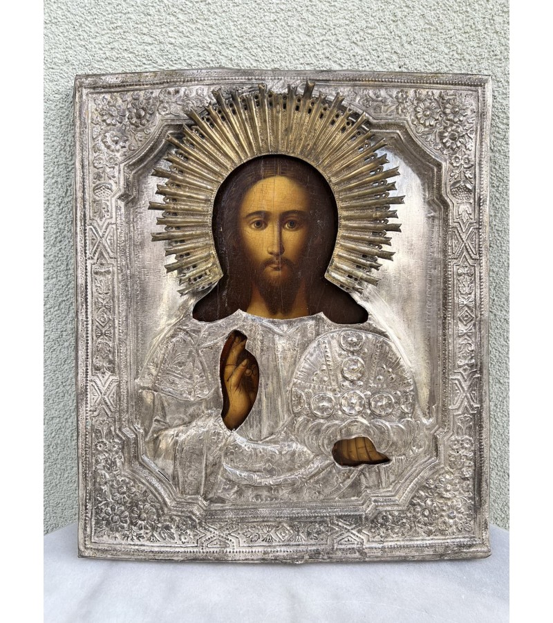 Ikona tapyta, medinė su žalvariniu apdangalu, antikvarinė Kristus Pantrokratorius. Rusija. XX a. pr. Kaina 428